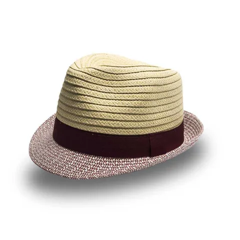 Two-Tone Straw Ladies Fedora  - Burgundy/Natural