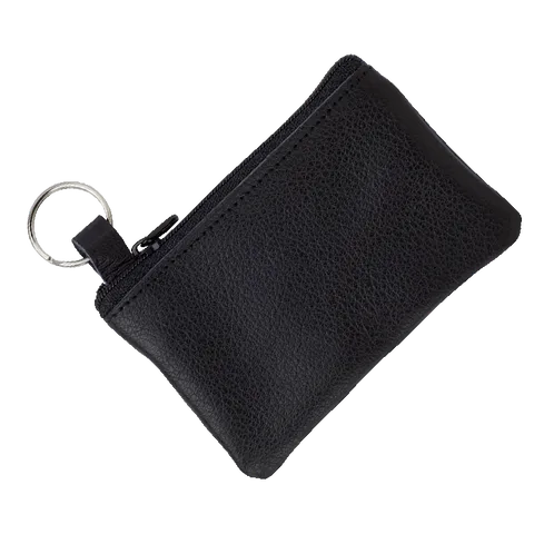 Leather Zippered Pouch with Split Ring - Black