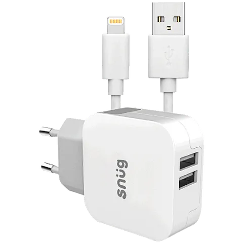 Snug Home Charger With Apple Lightning Charge and Sync Cable - White
