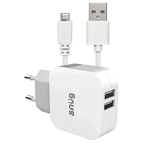 Snug Home Charger With Micro USB Charge and Sync Cable - White