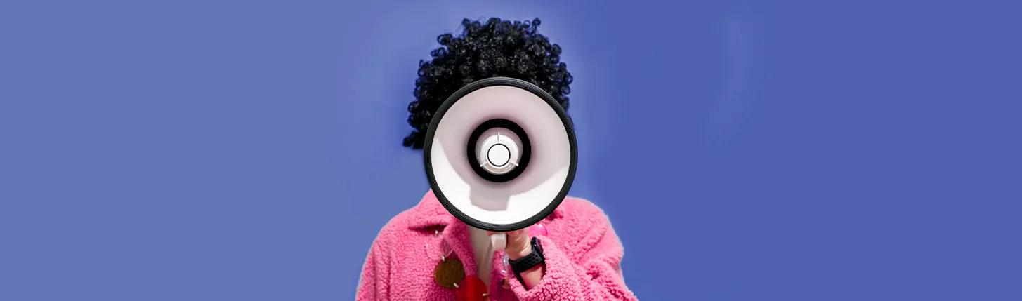 lady with megaphone talking about end of fiscal marketing products, hero image